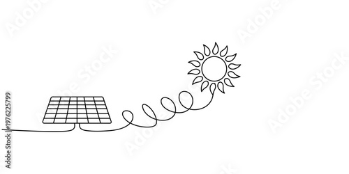 Continuous line art solar panel with sun, minimalist renewable energy concept vector illustration. Sustainable power generation, eco-friendly technology, and green electricity design element.