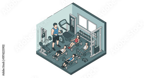 Isometric view of a busy gym with people exercising and a trainer.