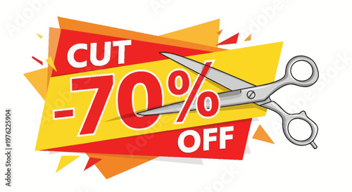 Cut 70% Off Sale Discount Banner with Scissors Cutting Through Price Tag
