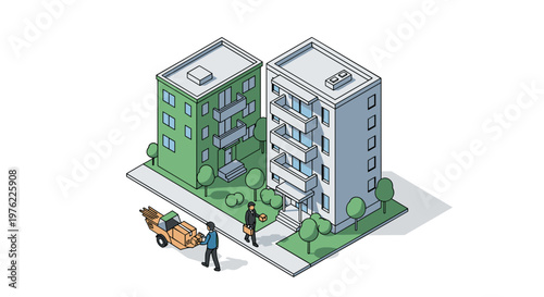 Isometric view of two apartment buildings with people and moving boxes.