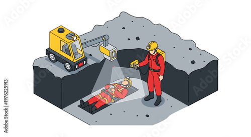 Rescue worker and robot saving person from collapsed mine.