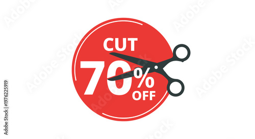 Cut 70% Off Sale Discount Price Tag with Scissors, Retail Promotion