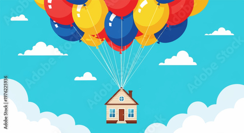 Colorful Balloons Lifting House Illustration, Dream Travel and Fantasy Concept