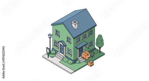 Isometric illustration of a charming green house with a blue roof.