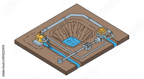 Isometric illustration of a water management system with a reservoir and pumps.