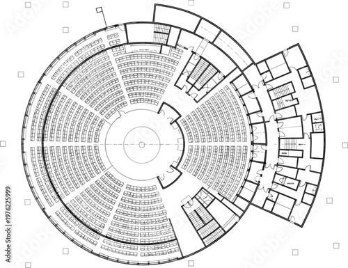 Circular Auditorium Seating Floor Plan Blueprint Vector Illustration Showing Theater Layout with Stage Arrangement and Architectural Technical Drawing Design Concept