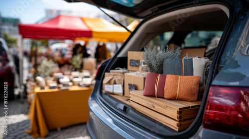 Professional running side business from car trunk at outdoor market, displaying products with handwritten price tags under colorful canopy, ideal for hustle culture, entrepreneursh