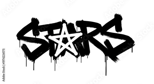 Graffiti stars word art with a pentagram symbol, urban street art, black and white.