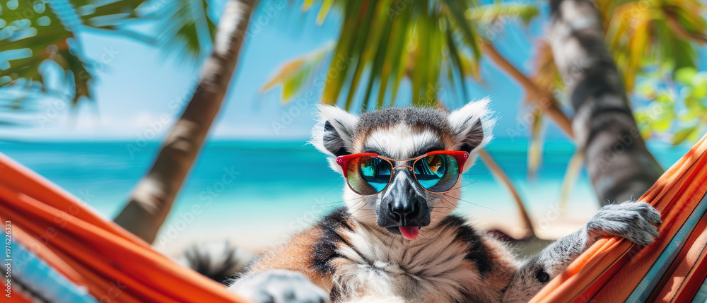 Fototapeta premium cool lemur relaxing in hammock with sunglasses, tropical beach vacation humor concept