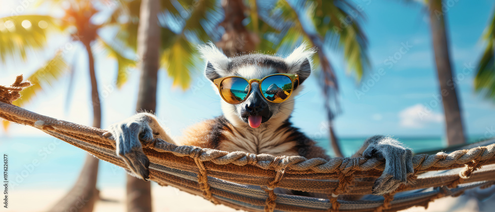 Fototapeta premium cool lemur relaxing in hammock with sunglasses, tropical beach vacation humor concept