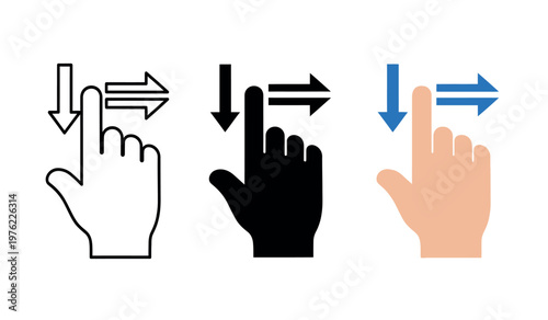 Hand pointing and sliding gestures black silhouette and color variations