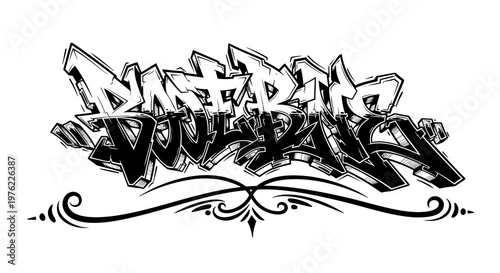 Graffiti Art Style Typography "DANGER" with Decorative Swirls - Black and White