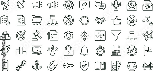 Minimal outline business workflow communication icon set collection for analytics management collaboration web mobile interface editable stroke vector symbols