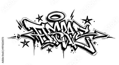 Graffiti Art Word "THORAX" with Halo and Stars, Urban Street Style, Black and White