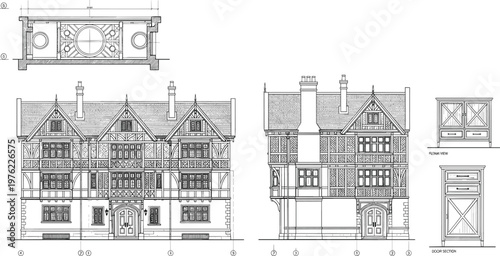 Historic Half Timbered House Architectural Elevation Vector Illustration Showing Traditional European Residential Facade Technical Drawing Design Blueprint Concept