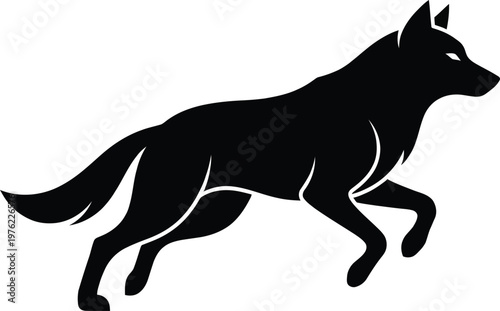 Black silhouette of a running dog with white outline on a plain background