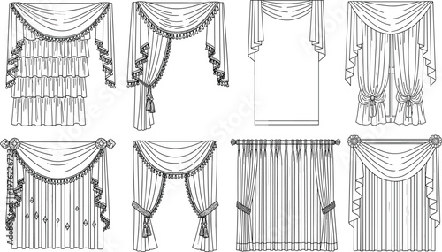 Decorative Curtain Set Vector Illustration with Classic Window Drapery Styles for Interior Design, Home Decor, and Textile Decoration Projects
