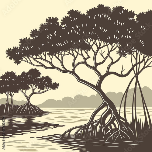 A peaceful mangrove swamp with twisted roots dipping into tea-colored water. 1