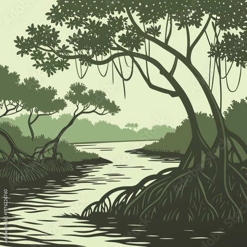 A peaceful mangrove swamp with twisted roots dipping into tea-colored water. 