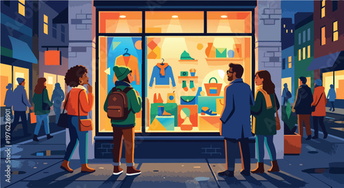 Flat Vector Illustration of Diverse People Window Shopping at a Cozy Clothing Boutique Storefront at Night, Pedestrians Walking on a City Street Sidewalk with Warm Interior Lighting