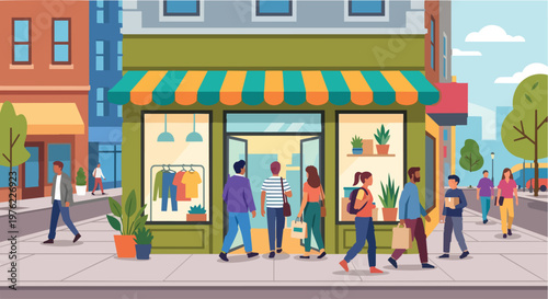 Vector Illustration of People Walking and Shopping in Front of a Modern Clothing Boutique or Retail Store on a Sunny Urban City Street with Colorful Flat Design Buildings and Sidewalk