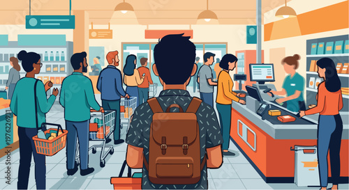 Diverse People Standing in Queue at Supermarket Checkout Counter, Customers Waiting in Line to Pay for Groceries in Grocery Store, Retail Shopping and Daily Routine Illustration