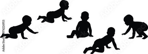 Silhouette illustration of five babies in various crawling positions on white background