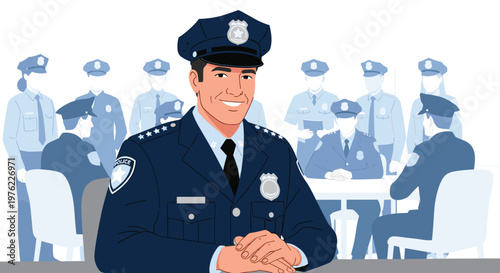 Professional Police Officer Portrait Vector Illustration with Law Enforcement Team Meeting Background Representing Security Authority and Public Safety Concept