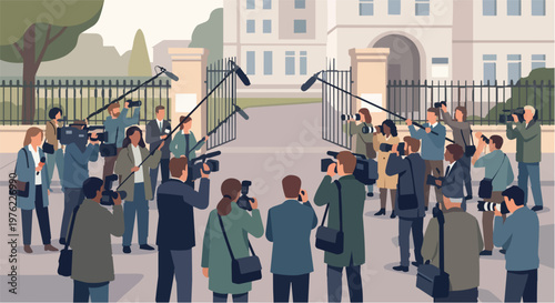 Flat Vector Illustration of a Large Group of Journalists and Paparazzi with Cameras and Boom Microphones Waiting Outside a Government Building or Courthouse Entrance for a Press Conference