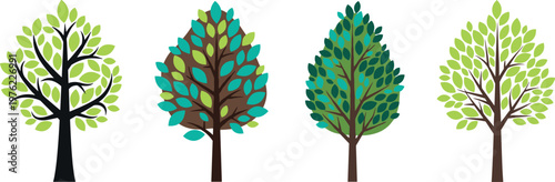 Colorful Stylized Trees with Varying Leaf Designs and Shapes for Nature, Growth, and Environmental Themes
