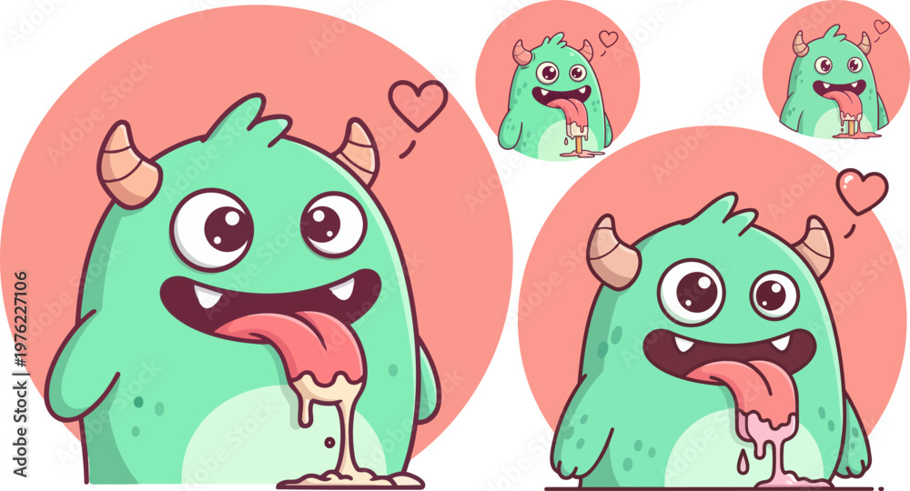 Fototapeta premium Cute monster stickers, cartoon green creatures, emoticon faces, playful illustrations, vector icons