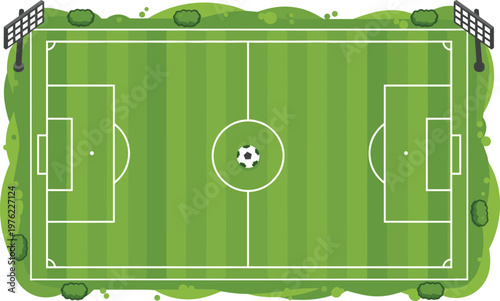 Soccer Field Top View Vector Illustration Showing Football Stadium Pitch Layout with Goal Areas and Center Circle Sports Design