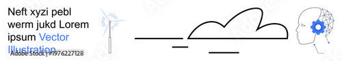 Renewable energy, AI advancement, cloud integration, sustainable tech, ecological innovation, future technology. Wind turbine, cloud and human head with a gear. Renewable energy and AI advancement
