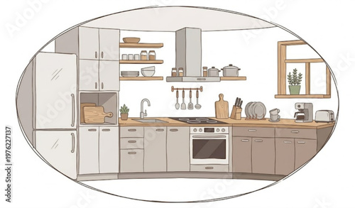 Hand drawn kitchen interior vector illustration with cozy home cooking space in modern style