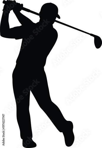 Golf player in black silhouette hitting a ball with a golf club swing