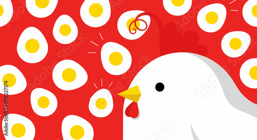 Cartoon chicken, fried eggs, breakfast food, white bird, red background