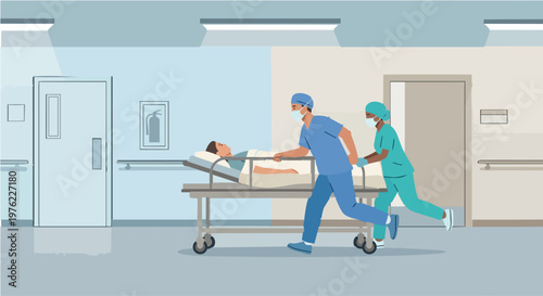 Medical Staff Rushing a Patient on a Stretcher Through a Hospital Corridor Emergency Room Concept Illustration