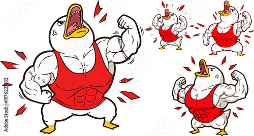 Muscular duck illustrations, flexing cartoon ducks, red vest, fitness icons, gym graphics
