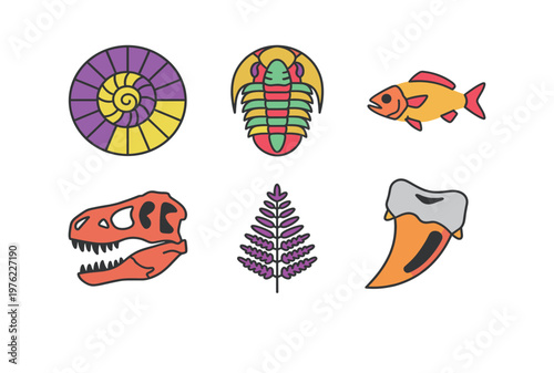 Prehistoric Fossils and Ancient Life Forms Icons Set, Ammonite Shell, Trilobite, Fish Skeleton, Dinosaur Skull, Fern Leaf and Shark Tooth Vector Art