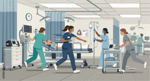 Medical Team and Doctors Rushing in Hospital Emergency Room or Intensive Care Unit to Save a Patient Life, Healthcare Professionals Working in Busy Clinic, Flat Vector Illustration.