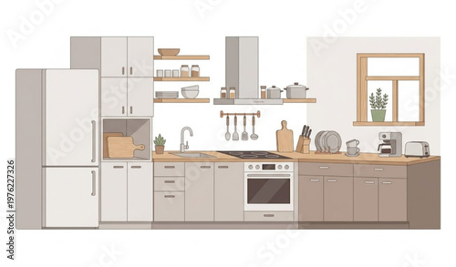 Kitchen interior vector illustration with modern home furniture and appliances in flat design isolated on white