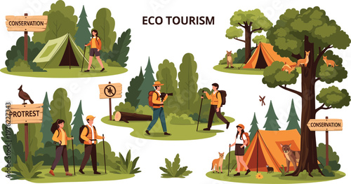 Eco-Tourism Adventure with Hikers, Tents, Conservation Signs, and Nature Exploration for Sustainable Travel and Environmental Awareness