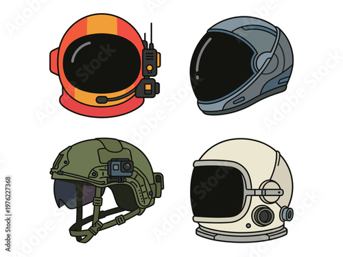 Protective Safety Helmets and Modern Headgear Set, Astronaut Space Helmet, Tactical Military Gear and Specialized Communication Headwear Vectors