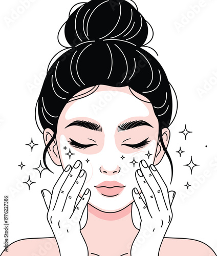 Woman Applying Facial Skincare Routine Vector Illustration Showing Beauty Treatment, Self Care Routine, and Healthy Skin Cosmetic Concept Design