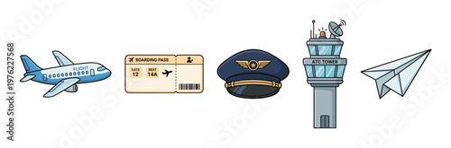 Aviation travel objects and pilot accessories are neatly arranged in a colorful cartoon illustration, representing various aspects of air transportation and flight.