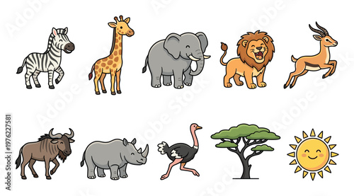 Cute cartoon safari animals, tree, and sun are depicted in a charming vector illustration collection perfect for children's educational materials.
