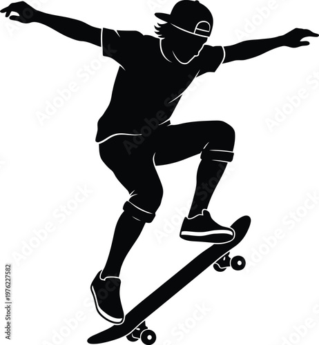 Young skateboarder performing aerial stunt with arms outstretched on skateboard