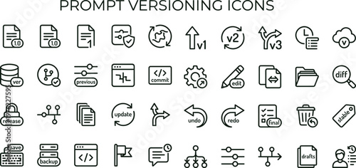 Minimal outline prompt versioning workflow icon set collection for update tracking documentation management web mobile interface editable stroke vector symbols