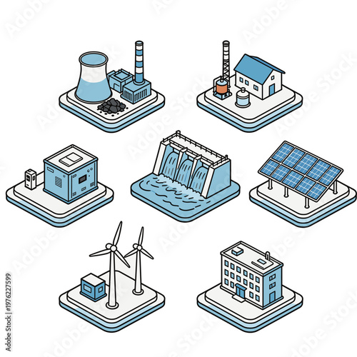 Renewable and Industrial Energy Production Isometric Icons, Coal Plant, Factory, Water Dam, Solar Panels, Wind Turbines and Power Grid Station Vector