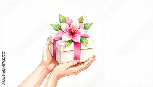 Female hands holding a gift box with a pink flower and green leaves  